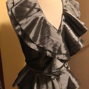 Silver taffeta backless wrap blouse with peplum